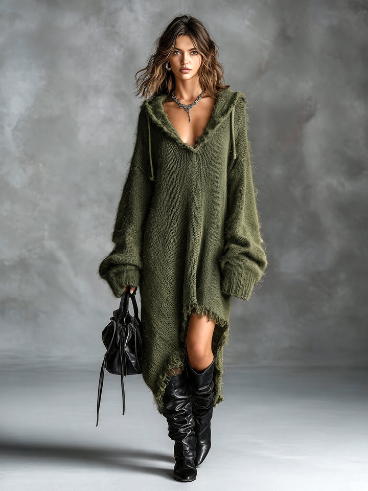 MATHILDE | Fuzzy Hooded Knit Midi Dress