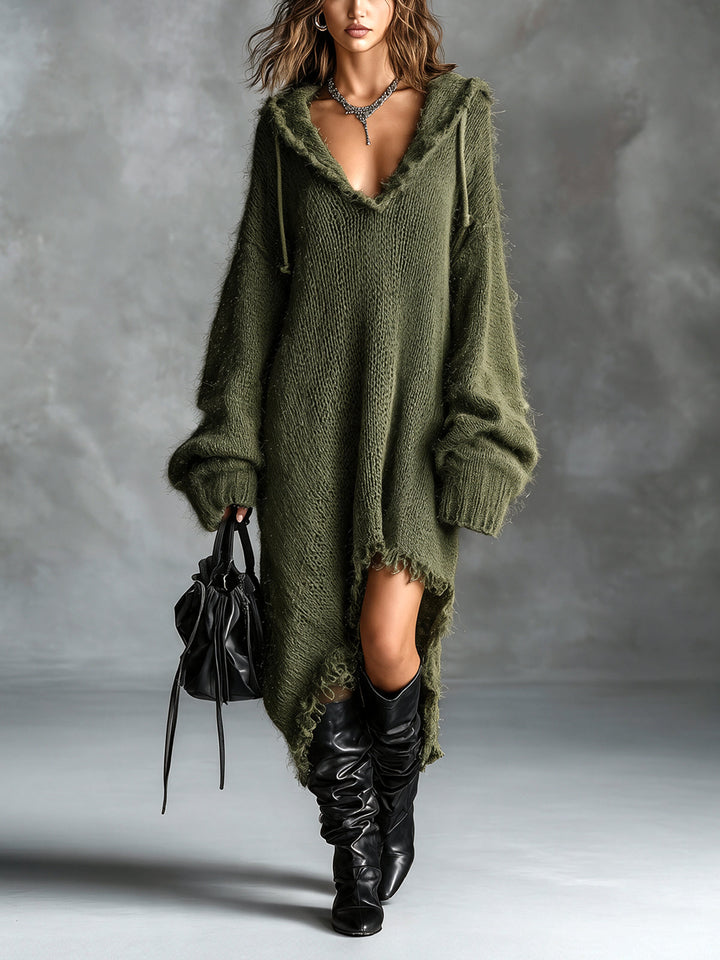MATHILDE | Fuzzy Hooded Knit Midi Dress