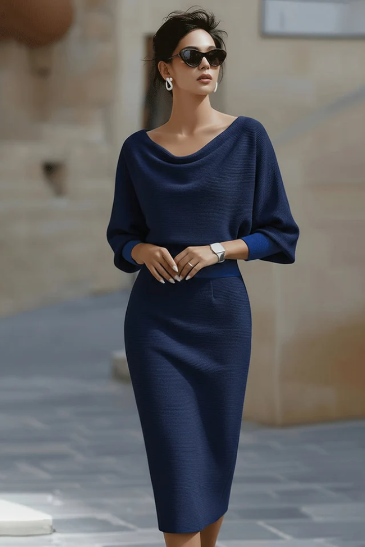 CORNELIA Draped Cowl-Neck Knit Midi Dress, photo 2