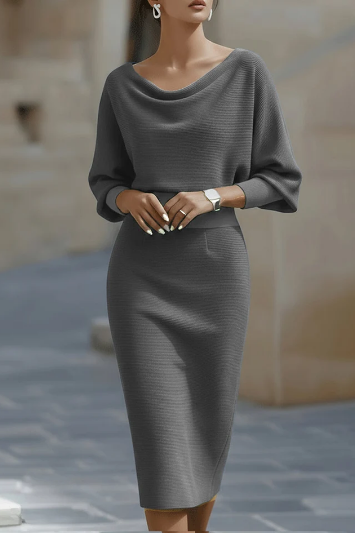 CORNELIA Draped Cowl-Neck Knit Midi Dress in Grey