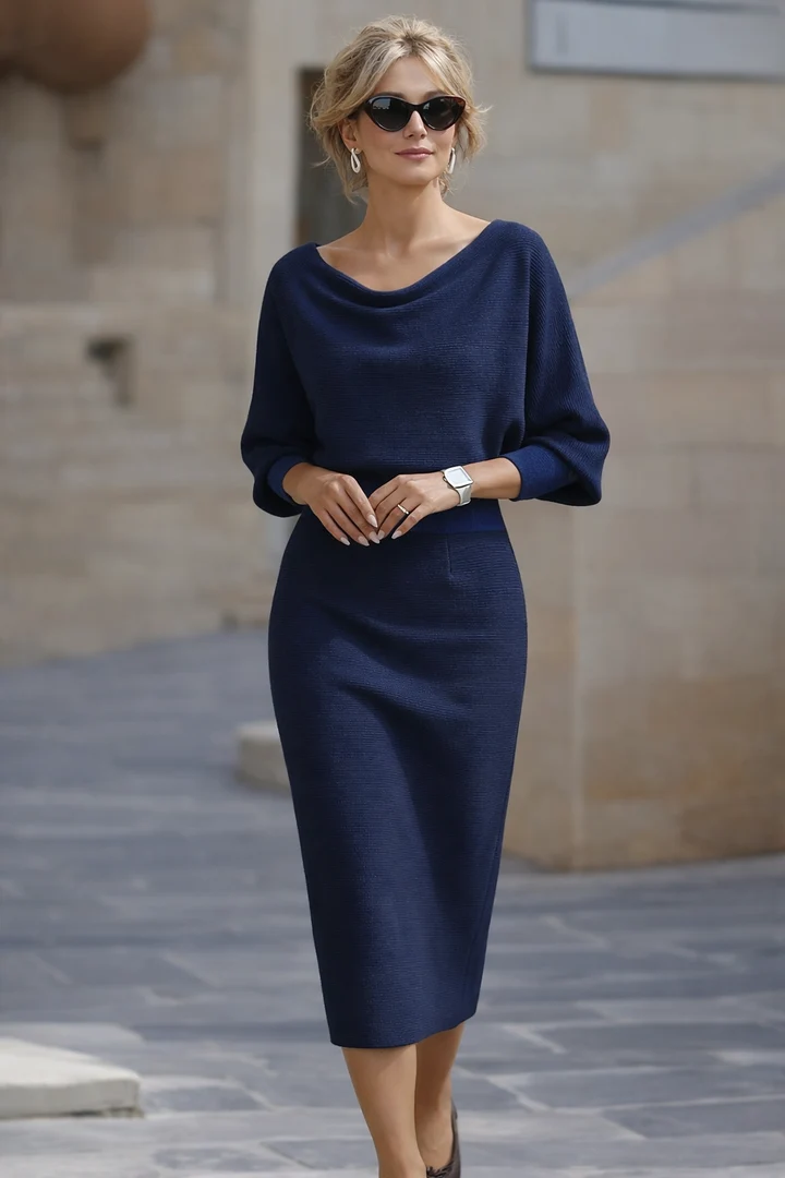 CORNELIA Draped Cowl-Neck Knit Midi Dress in Navy