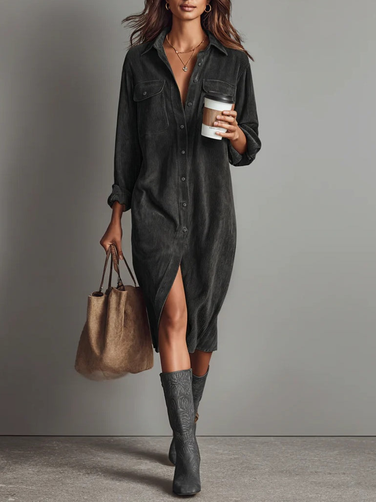 PRISCILLA Corduroy Midi Shirt Dress in Grey