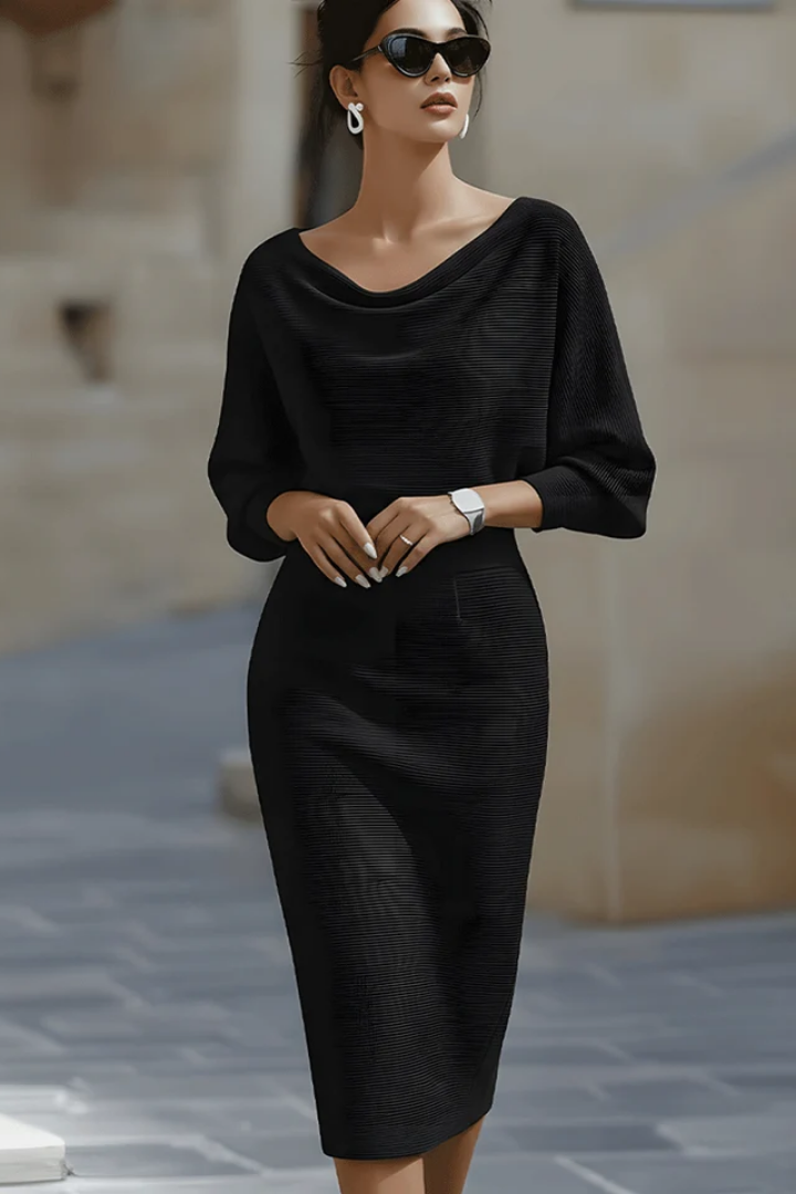 CORNELIA Draped Cowl-Neck Knit Midi Dress in Black