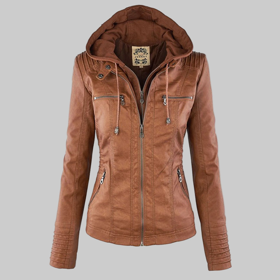 Women's Hooded Moto Jacket in Tan, front view, Prescott & Morgan