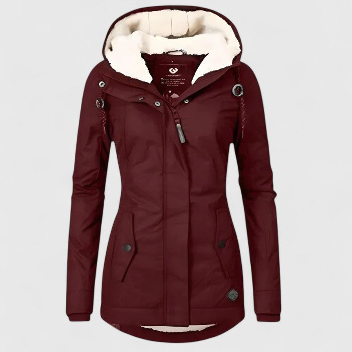 LAVERNE Fleece-Lined Waterproof Hooded Parka in Red