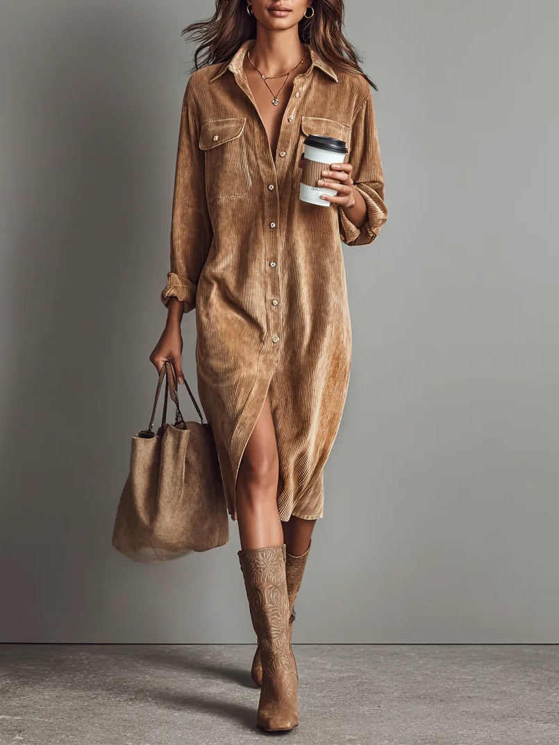PRISCILLA Corduroy Midi Shirt Dress in Brown