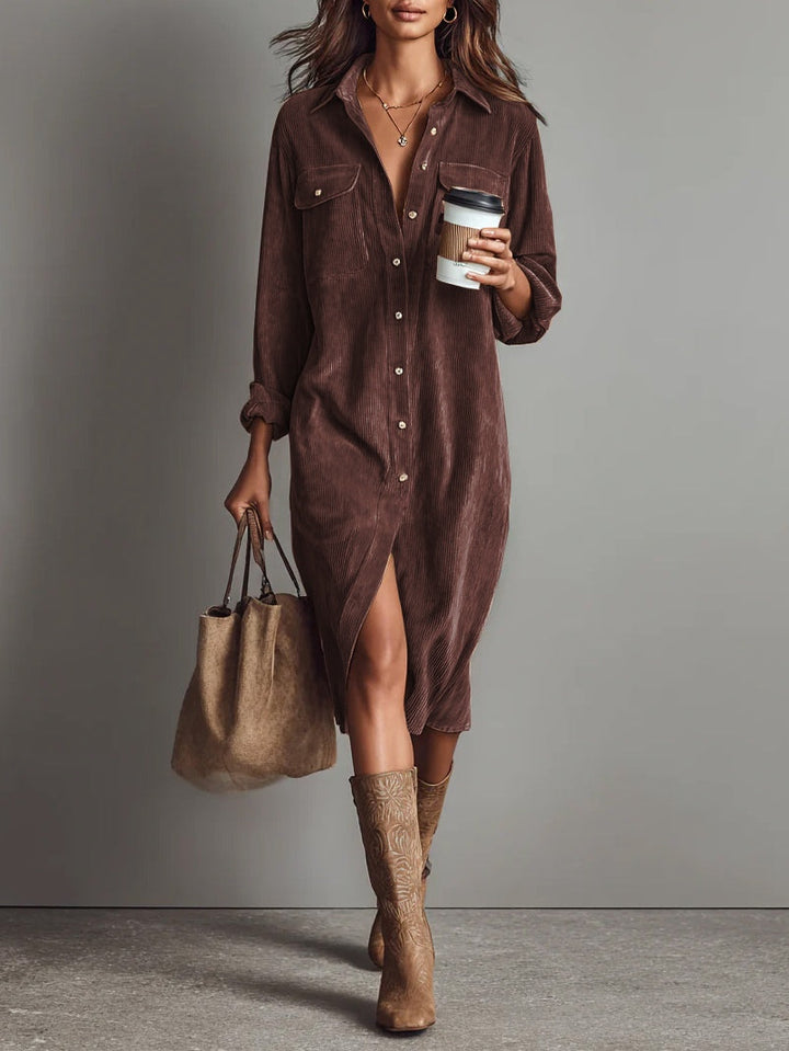 PRISCILLA Corduroy Midi Shirt Dress in Burgundy