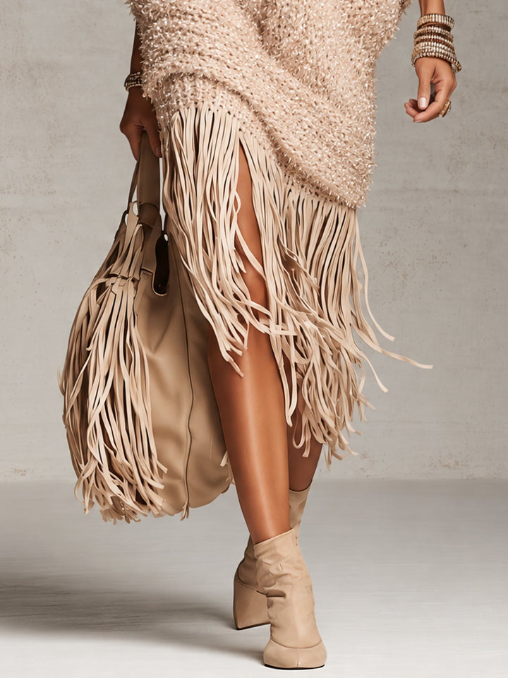 FELICITY | Hooded Fringe Knit Midi Dress