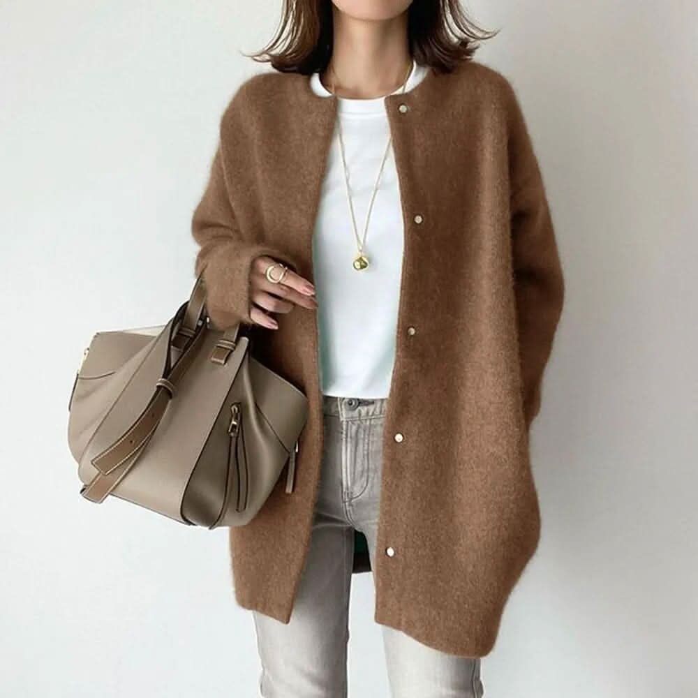 MINERVA Soft Knit Button Jacket in Brown