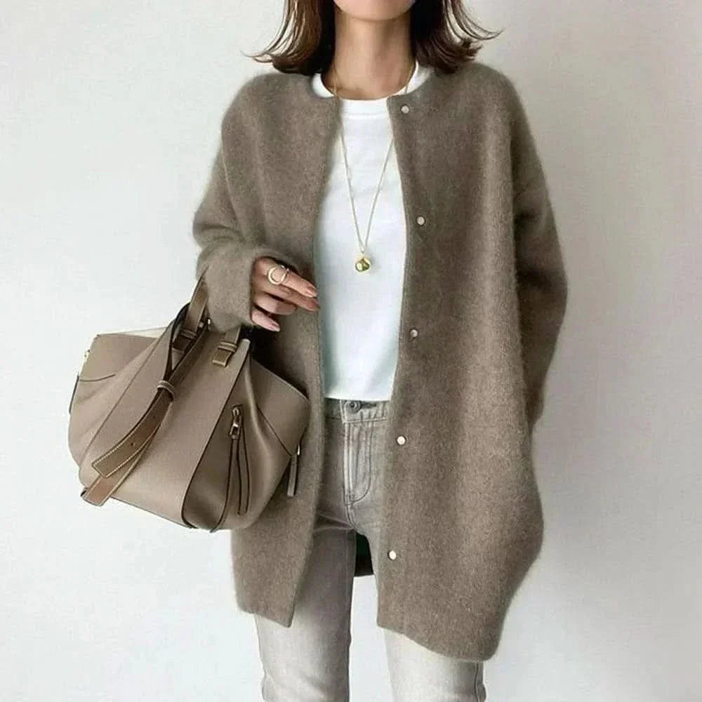 MINERVA Soft Knit Button Jacket in Light Brown