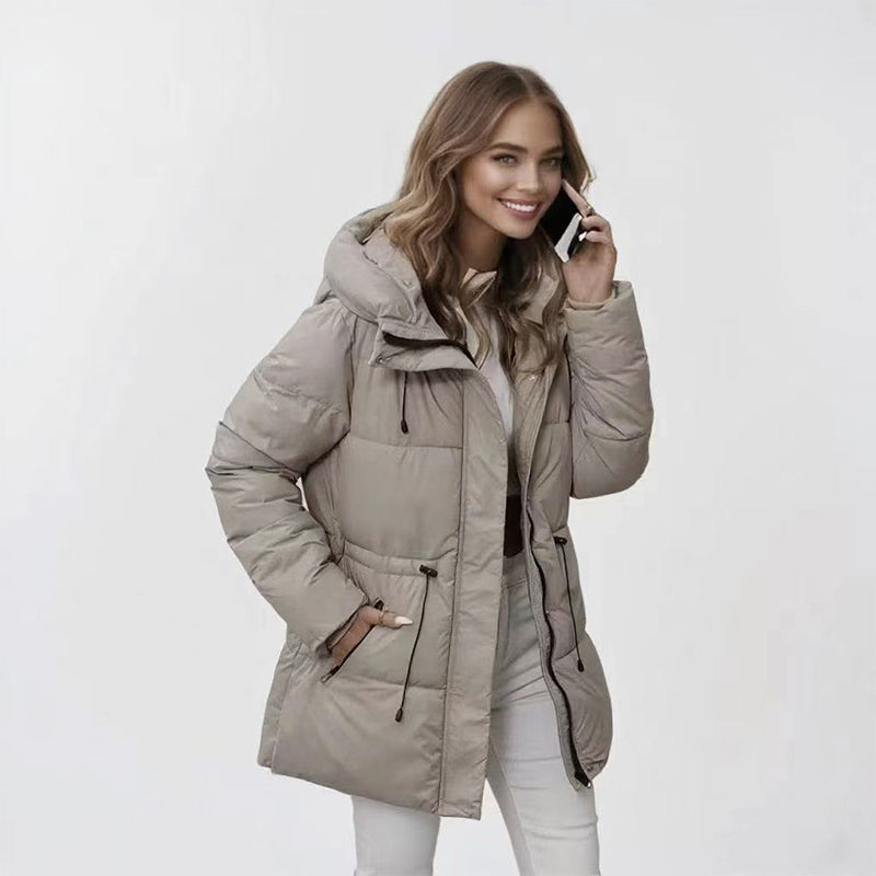Women's Hooded Padded Winter Jacket in Khaki, front view, Prescott & Morgan